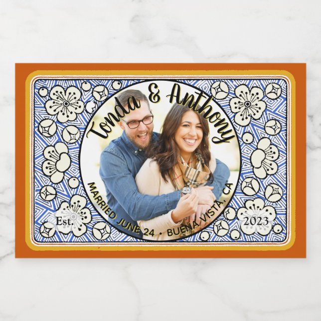 Blue Blume Foto Wedding Honey Jar Favor Labels Lebensmitteletikett (Einzelnes Label)