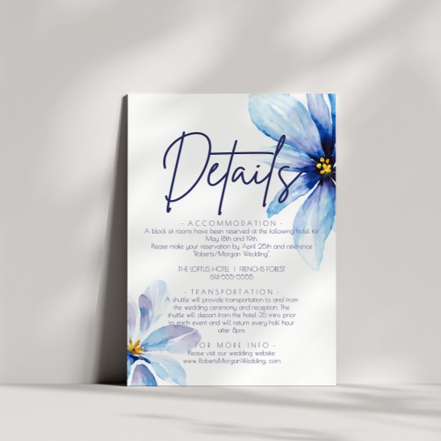 Blue Blume Minimalistisch Watercolor Hochzeitdetai Begleitkarte (Von Creator hochgeladen)