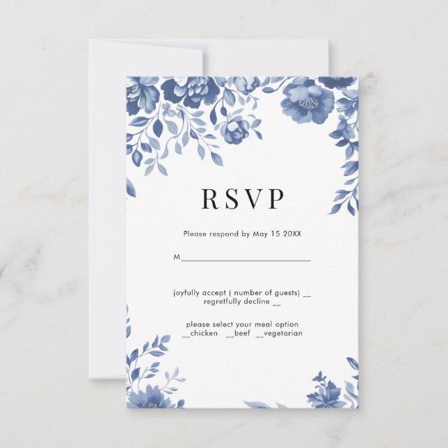 Blue Blume Retro Blumen Hochzeit RSVP (Vorderseite)
