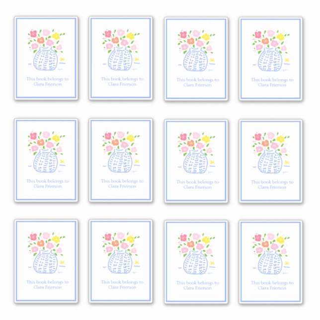 Blue Blume Vase Buchzeichen Stickers Aufkleber (Vorderseite)