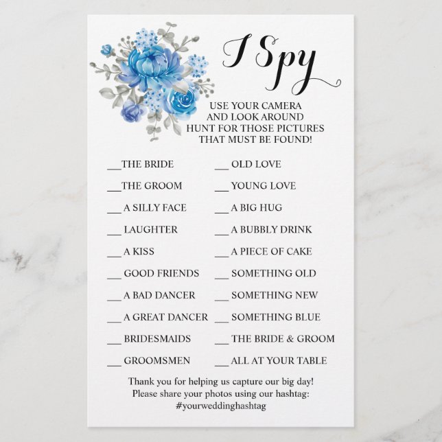 Blue Blume Wedding Reception I Spy Game Card Flyer (Vorne)