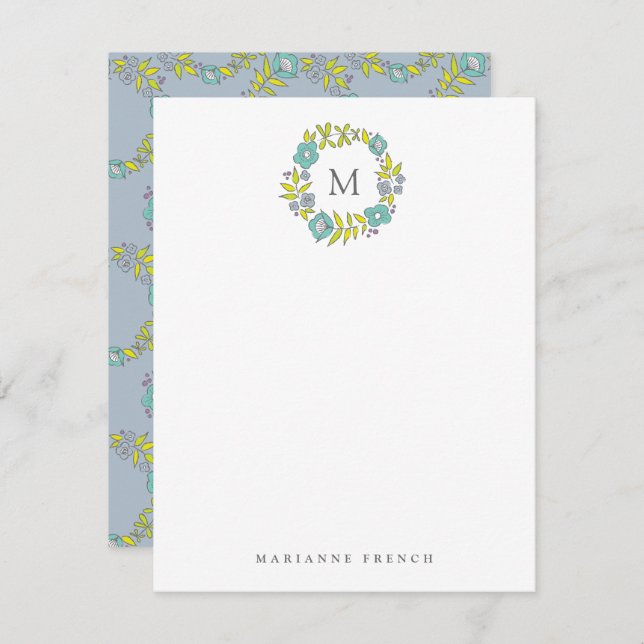 Blue Blume Wreath Monogram Personal Stationery Einladung (Vorne/Hinten)