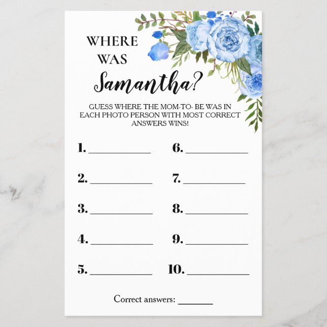 Blue Blumen Wo war Mama Baby Shower Game Card Flyer (Vorne)