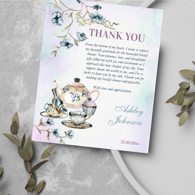 Blue Blumentee Party Brautparty Dankeschön Karte (Bridal shower tea party thank you card pastel blues tea pot cups a bird and flowers)