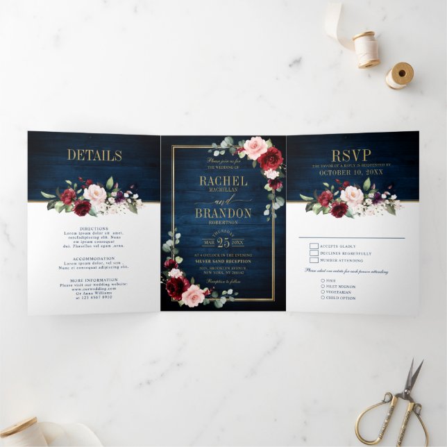 Blue Blush Burgundy Gold Geometric Wedding Tr Dreifach Gefaltete Ankündigung (Innenseite)