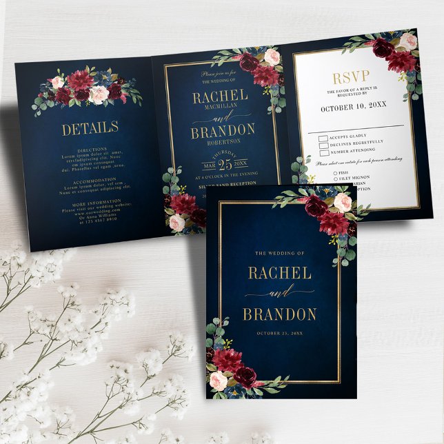 Blue Blush Burgundy Gold Geometric Wedding Tr Dreifach Gefaltete Ankündigung (Navy Blue Blush Burgundy Gold Geometric Wedding photo Tri-Fold Announcement)