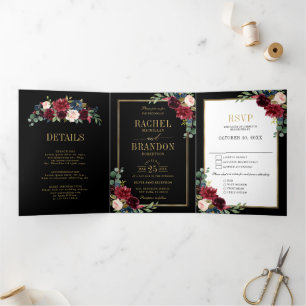 Blue Blush Burgundy Gold Geometric Wedding Tr Dreifach Gefaltete Ankündigung