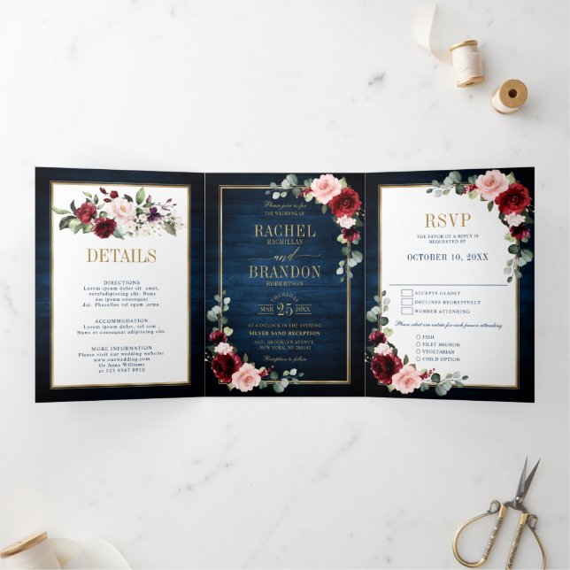 Blue Blush Burgundy Gold Geometric Wedding Tr Dreifach Gefaltete Ankündigung (Innenseite)