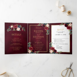 Blue Blush Burgundy Gold Geometric Wedding Tr Dreifach Gefaltete Ankündigung