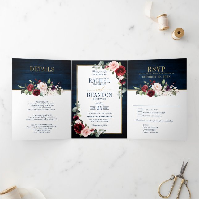 Blue Blush Burgundy Gold Geometric Wedding Tr Dreifach Gefaltete Ankündigung (Innenseite)