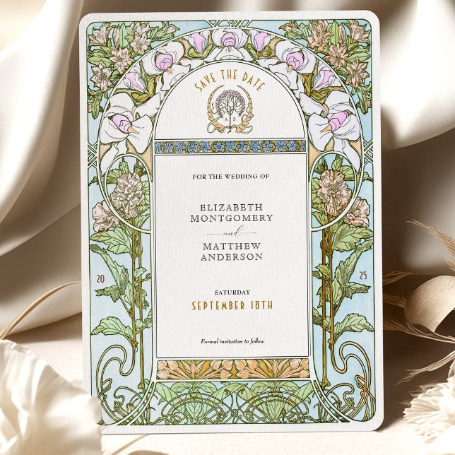 Blue & Blush Florals Jugendstil Save the Date Einladung (Von Creator hochgeladen)