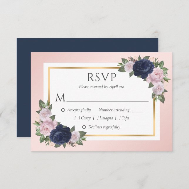 Blue Blush Gold Floral Wedding RSVP Cards (Vorne/Hinten)