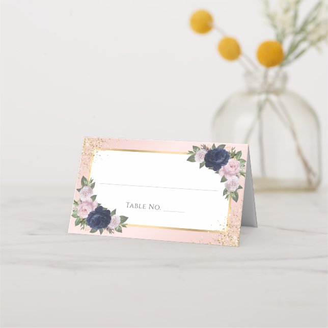 Blue Blush Gold Hochzeitssitze Tischnummer Platzkarte (Vorderseite)