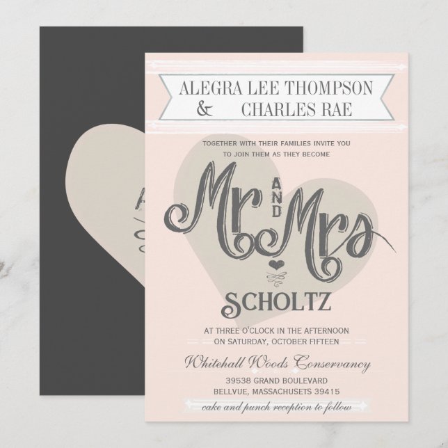 Blue Blush Peach Mr. und Mrs. Typografy Wedding Einladung (Vorne/Hinten)