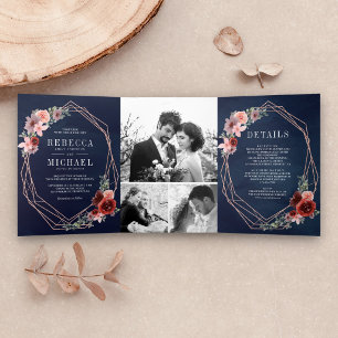 Blue Blush Pink Burgundy Rose Gold Wedding Dreifach Gefaltete Einladung