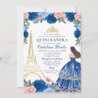 Blue Blush Pink Gold Tiara Paris Quinceñera Einladung