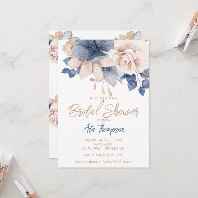 Blue, Blush & Rose Gold Bridal Dusche Einladung (Vorderseite/Rückseite Beispiel)