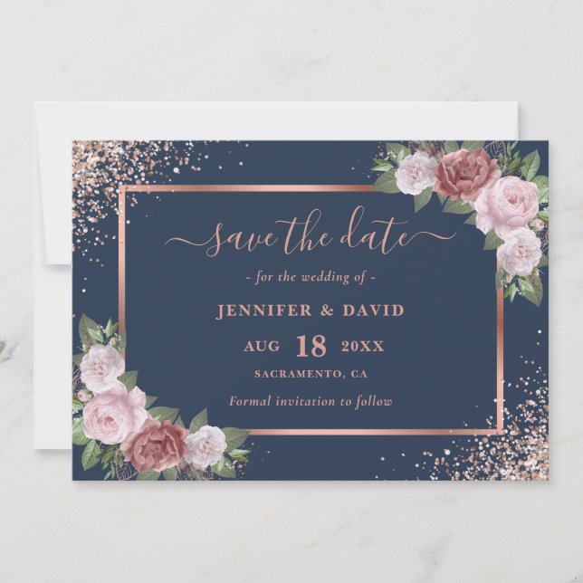 Blue Blush Rose Gold Glitzer Blumenhochzeit Save The Date (Vorderseite)