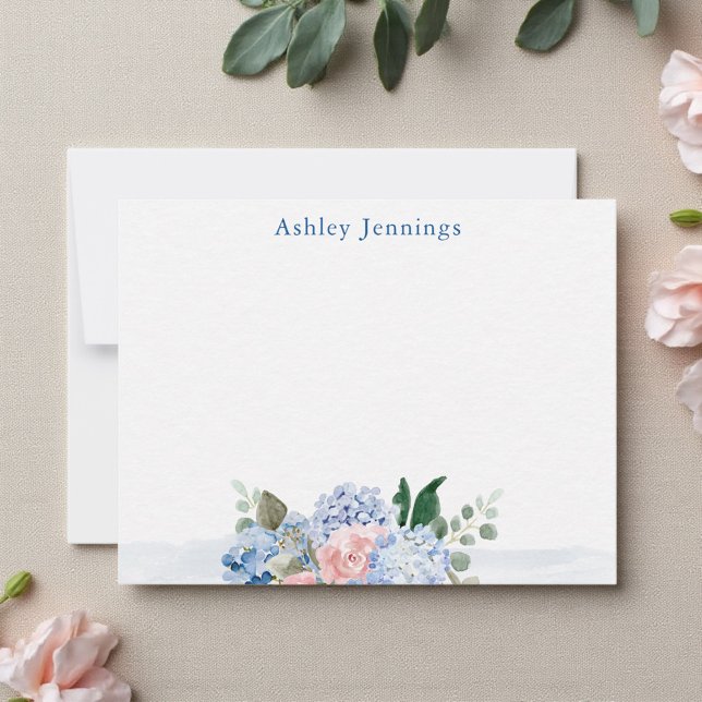 Blue & Blush Watercolor Floral Note Card Mitteilungskarte (Elegant personalized stationery with pastel hydrangeas and roses)