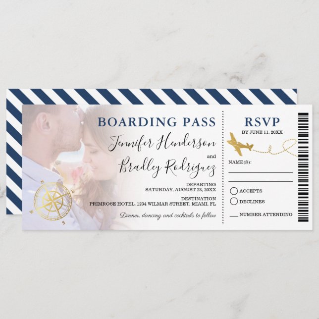 Blue Boarding Pass | HOCHZEIT IN URLAUBSORT FOTO Einladung (Vorne/Hinten)
