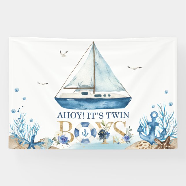 Blue Boat Baby Shower Ahoy Es sind zwei Boys Banner (Horizontal)