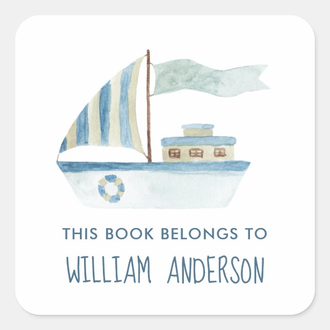 Blue Boat Nautical Boys Personalisiert School Quadratischer Aufkleber (Vorderseite)
