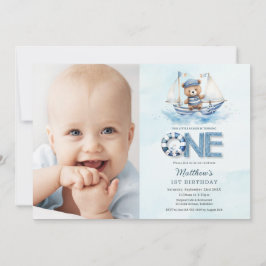 Blue Boat Teddy Bear 1. Geburtstag Foto Einladung