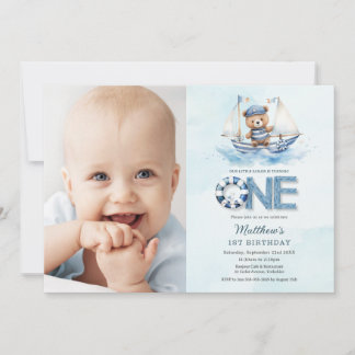 Blue Boat Teddy Bear 1. Geburtstag Foto Einladung