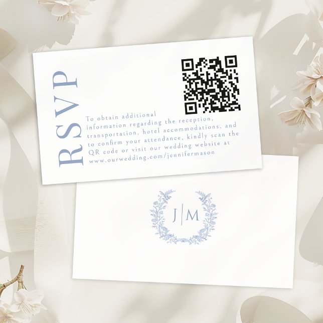 Blue Bohemian Floral Wedding RSVP QR code cards Begleitkarte (Von Creator hochgeladen)