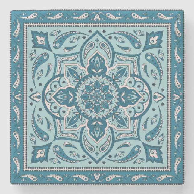 Blue Bohemisch Mandala Bandana Steinuntersetzer (Vorderseite)