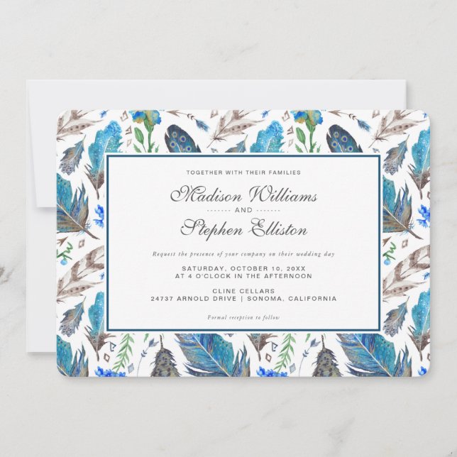 Blue Boho Aztec Watercolor - Hochzeit Einladung (Vorderseite)