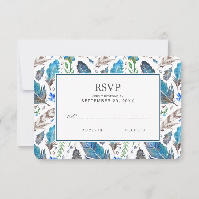 Blue Boho Aztec Watercolor - Wedding RSVP Karte (Vorderseite)