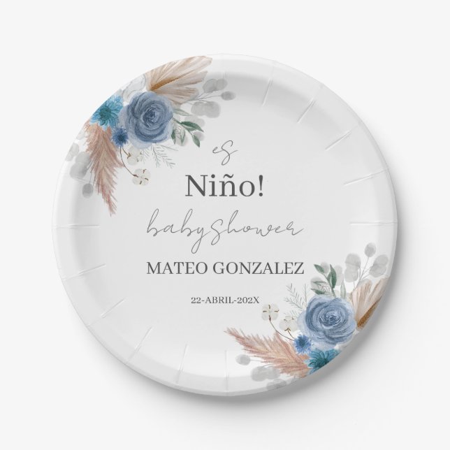 Blue Boho Baby Dusche Papier Teller (Vorderseite)