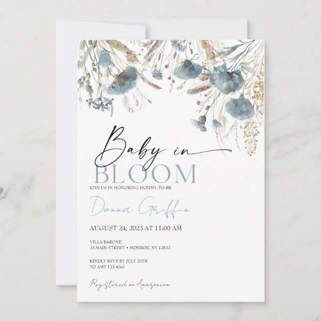 Blue Boho Baby in Bloom Einladung (Vorderseite)