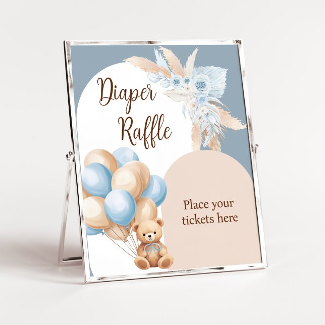 Blue Boho Bear Balloon Baby Dusche Windel Raffel Poster (Boy Bear Arch Balloon Baby Shower Diaper Raffle Sign)
