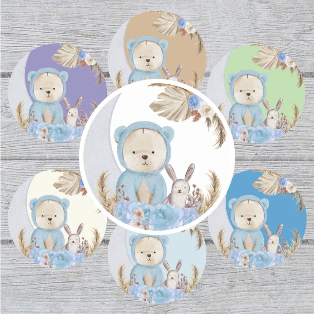 Blue Boho Bear Moon Bunny Floral Runder Aufkleber (Von Creator hochgeladen)