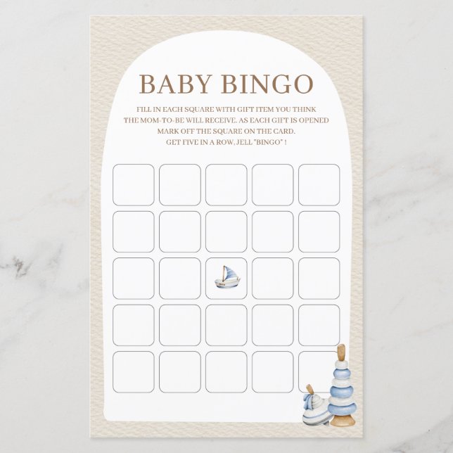 Blue Boho Blocks and Toys Baby Shower Bingo Game (Vorderseite)