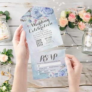 Blue Boho Blume Feather Rustic Wood Wedding RSVP All In One Einladung