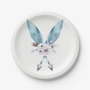 Blue Boho Bohemisch Arrows Feather Floral Party Pappteller