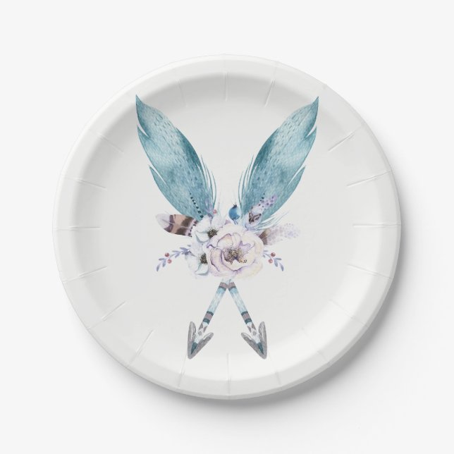 Blue Boho Bohemisch Arrows Feather Floral Party Pappteller (Vorderseite)