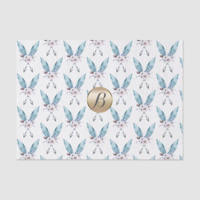 Blue Boho Bohemisch Feather Monogram Personalisier Seidenpapier (Vorderseite)