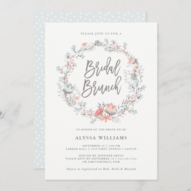 Blue Boho Botanical Bridal Brunch Einladung (Vorne/Hinten)