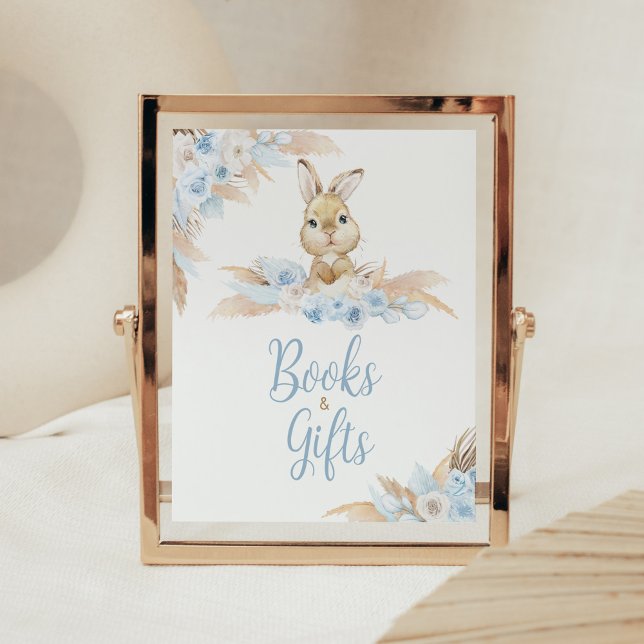 Blue Boho Bunny Baby Duschbücher und Geschenke Poster (Pampas Grass Boy Bunny Baby Shower Books and Gifts Sign)