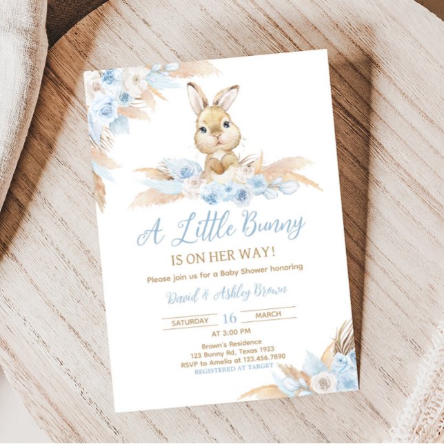 Blue Boho Bunny Baby Dusche Einladung (Pampas Grass Boy Bunny Baby Shower Invitation)