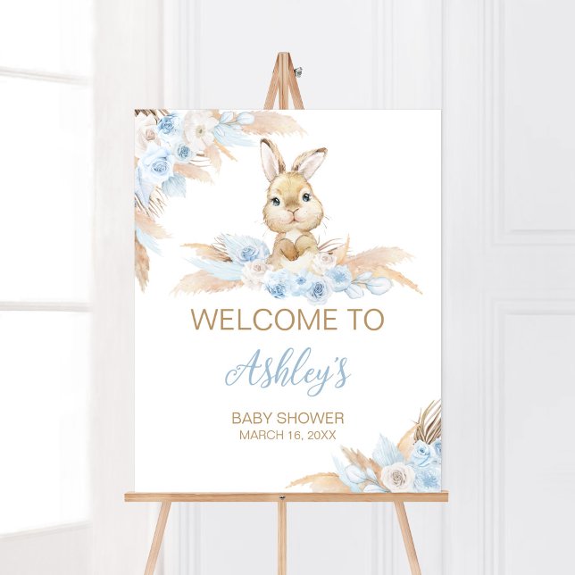 Blue Boho Bunny Baby Dusche Willkommen Poster (Pampas Grass Boy Bunny Baby Shower Welcome Sign)