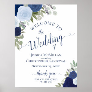 Blue Boho Chic Watercolor Rose Hochzeit Willkommen Poster