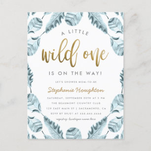 Blue Boho Feathers Gold Wild One Boy Baby Dusche Einladungspostkarte