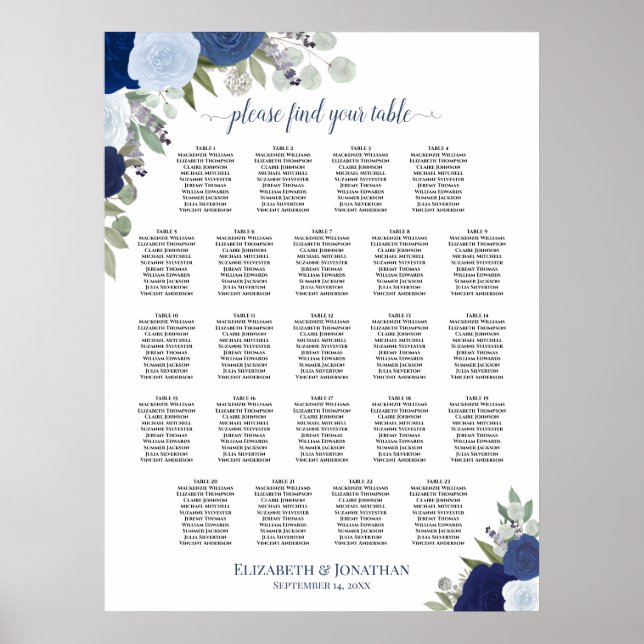 Blue Boho Floral 23 Table Wedding Seating Chart Poster (Vorne)