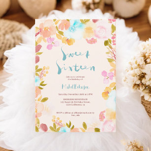 Blue Boho floral Aquarellschrift Sweet 16 Einladung
