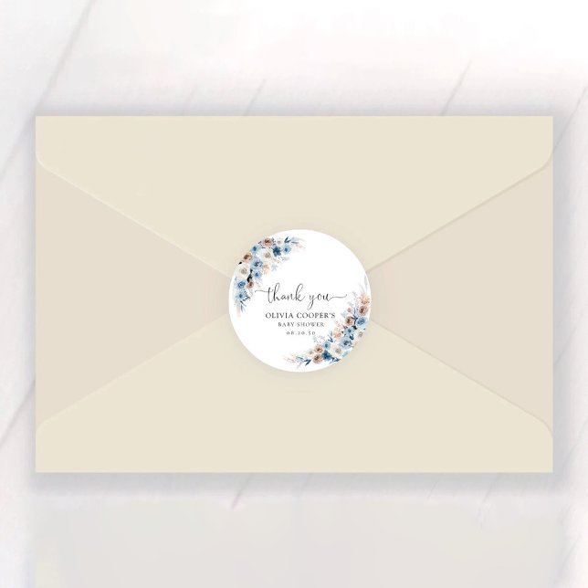 Blue Boho Floral Baby Shower Classic Round Sticker (Von Creator hochgeladen)